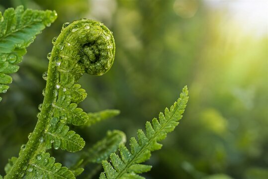 Fresh fern frond with raindrops in soft morning light