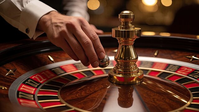 Casino dealer's hand placing roulette ball on spinning wheel in luxurious gaming environment with elegant lighting.