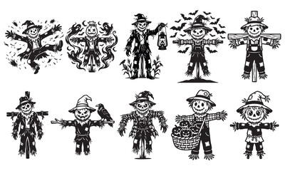 Fototapeta premium Scarecrow Silhouette Vector Set featuring Creepy Monsters, Lanterns, Bats, and Ravens