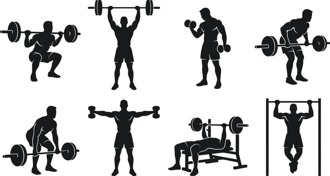 Weightlifting and strength training exercises set silhouettes of men performing various gym workouts