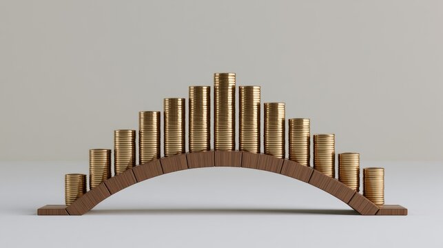 Stacked golden coins form an arched bridge structure on a wooden base