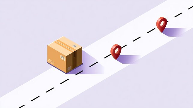 Isometric cardboard box moves along a dashed road toward pin markers