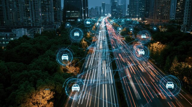 Futuristic highway with connected autonomous vehicles and light trails