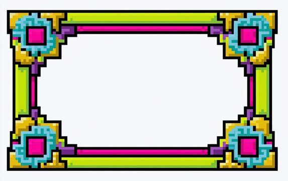 Ornate pixelated frame with vibrant colors and geometric floral corners