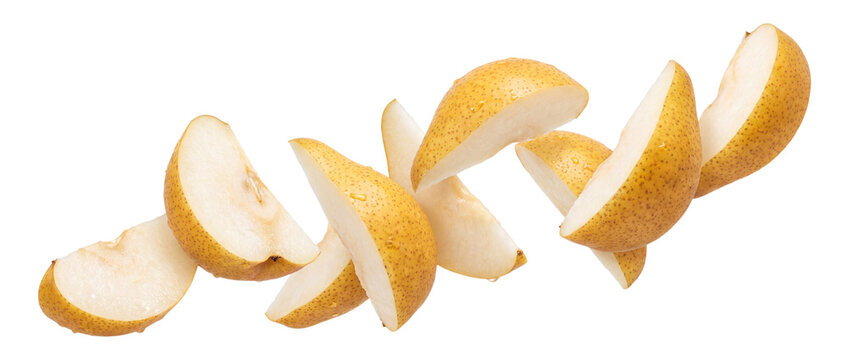 Sliced asian pears floating isolated on transparent background