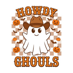 Fototapeta premium Cute ghost in cowboy hat saying howdy ghouls for halloween