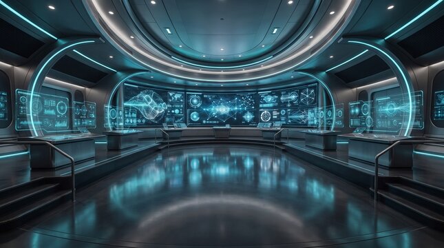 High-tech futuristic command center featuring curved glowing HUD screens, control consoles, and a sleek reflective floor in a sci-fi facility.
