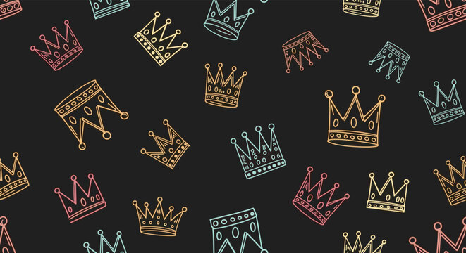 Seamless vector pattern of colorful hand drawn crowns of different shapes on a dark charcoal gray background.