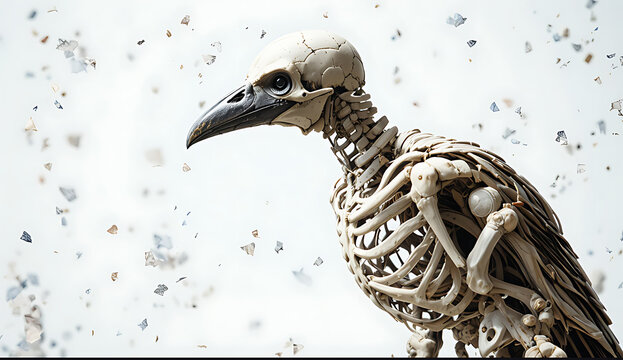 Abstract bird skeleton sculpture made of white material isolated on light background with floating debris particles surrounding artistic piece.