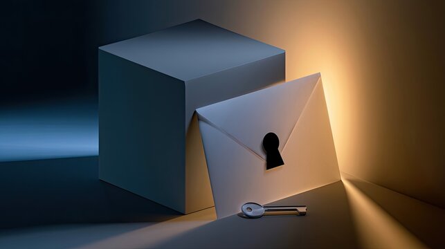 A secured envelope with a keyhole and key leans against a cube