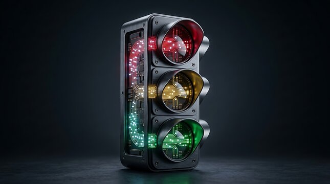 A futuristic electron of traffic light representing advanced intelligent transportation technology and automated urban traffic management digital infrastructure