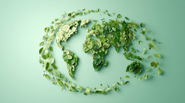 Earth made of green leaves and leaves forming a circle around it