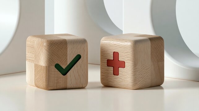 Two wooden blocks, one with a green checkmark, the other with a red plus