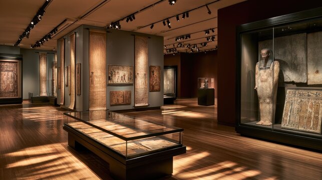 Ancient artifacts and sarcophagus displayed in a dimly lit museum hall