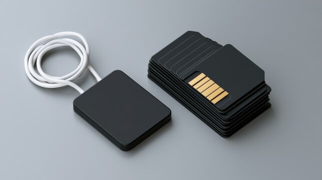 Stack of black memory cards with golden contacts and a reader on a gray surface