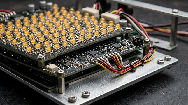 A close-up view of a complex electronic circuit board featuring an array of led lights, demonstrating the advanced electron of traffic light tai system.