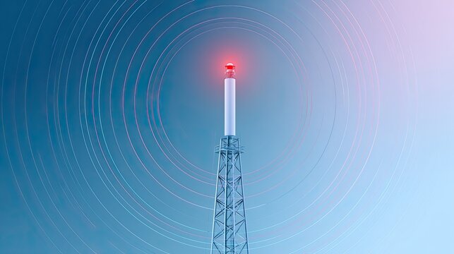 Tall tower with red beacon emits energy waves outwards into a gradient sky