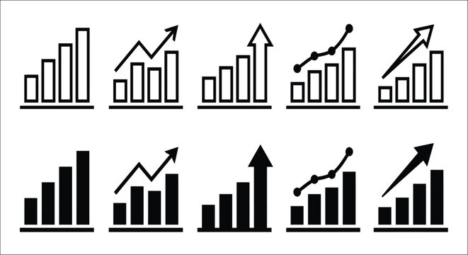 Bar graph silhouettes depicting growth and progress black on white background chart diagram statistic data