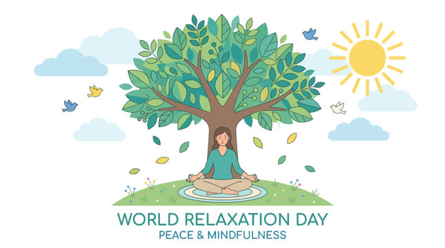 Woman Meditating Under a Lush Green Tree for World Relaxation Day Promoting Peace and Mindfulness in Nature