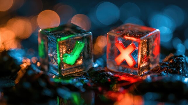 Two cubes, one checkmark, one X, illuminated by colored lights