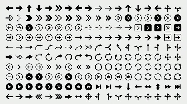Create an extensive vector collection of directional arrows and navigation symbols arranged in multiple horizontal rows on a clean light gray background. Include a wide variety of arrow styles such as