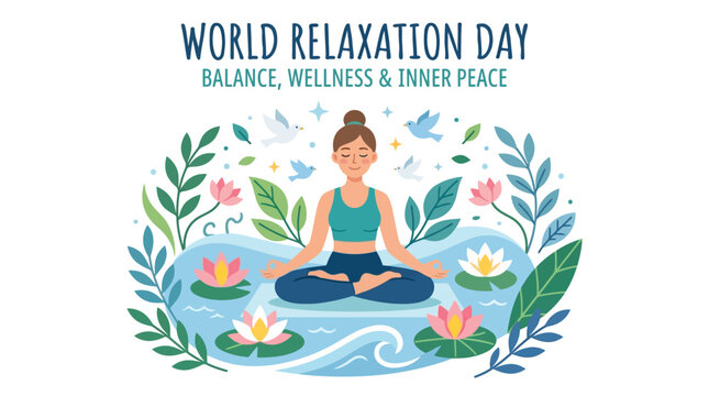 Illustration of a serene woman in meditation, surrounded by vibrant lotus flowers and lush greenery, embodying balance, wellness, and inner peace