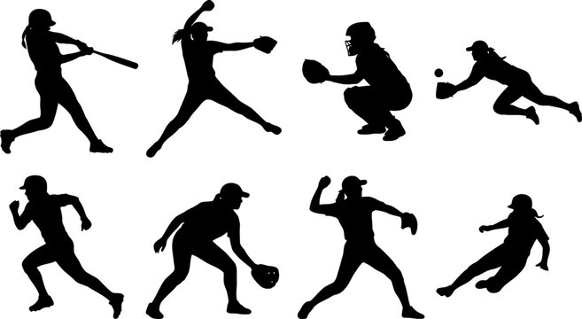Set of softball player silhouettes in various action poses