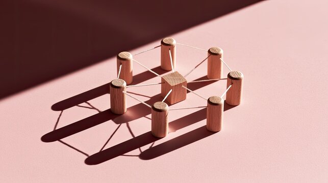Wooden blocks form a circular network with a central cube, casting long shadows