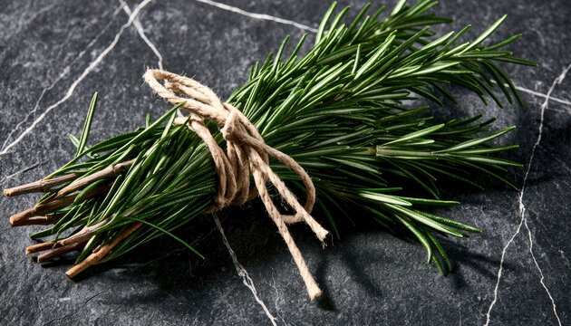 Fresh rosemary sprigs tied with twine on a dark, marbled surface (1)