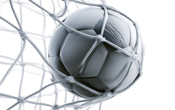 Soccer ball caught in the net, close-up, dramatic lighting, sport goal