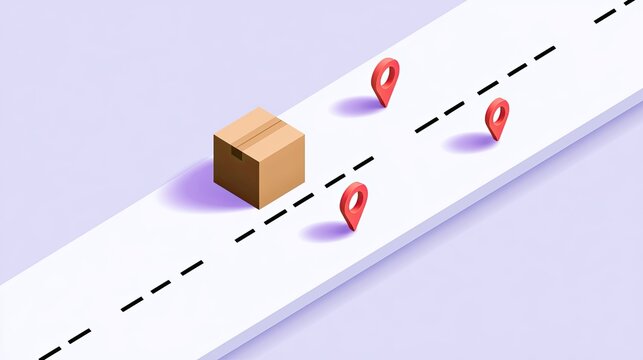 Cardboard box travels along a dashed line with location pins