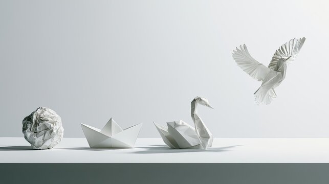 Three origami figures on a shelf crumpled ball, paper boat, and swan, with a bird taking flight