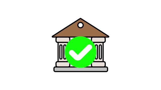 bank building icon with a checkmark on a white background finance money