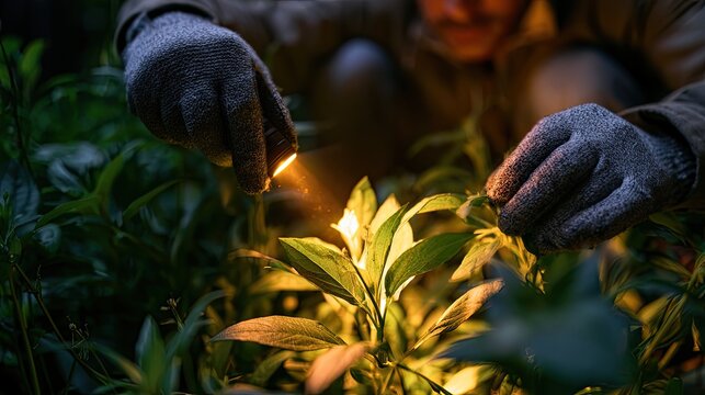 Hands in gloves carefully ignite foliage with a glowing ember in darkness