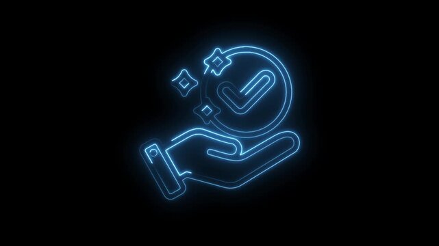Neon blue hand holding glowing checkmark icon symbolizing approval success quality assurance and