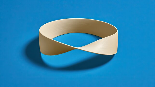 A cream-colored Mobius strip rests on a vibrant blue surface, casting a soft shadow