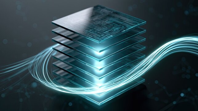 Stacked digital layers glowing with blue light and data streams on dark background