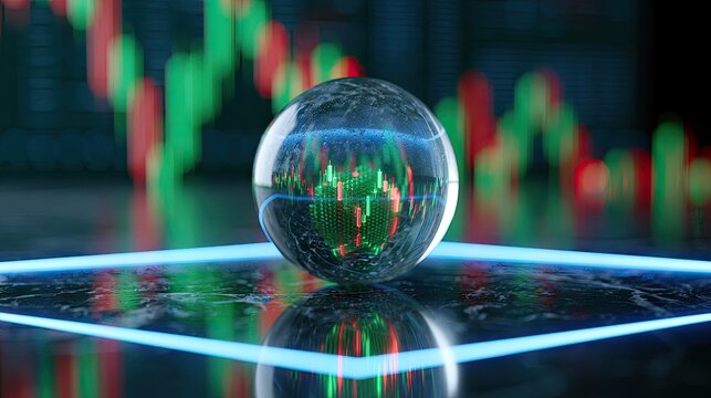 A glass sphere reflects a fluctuating stock market graph on a futuristic platform