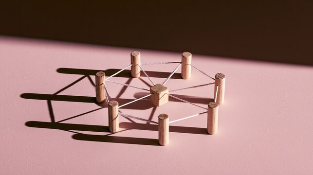 Small wooden cylinders form a hexagonal network around a central cube