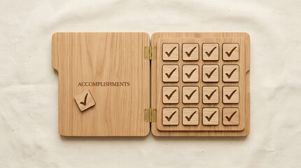 Fototapeta premium Wooden accomplishment tracker board | Professional goal setting tool | Success and achievement concept | Minimalist office organization