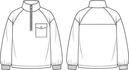Unisex high neck half zip fleece sweatshirt technical drawing fashion flat sketch vector template front back view © jamal
