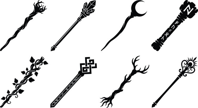 Set of fantasy magic staff silhouettes with mystical designs and arcane artifacts