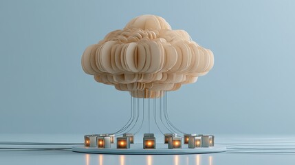 Obraz premium Abstract, layered cloud-like structure emitting light from connected glowing nodes