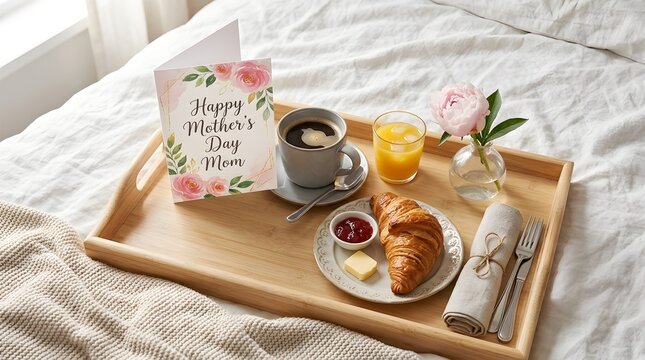 Mother's Day breakfast in bed with greeting card, wooden tray with coffee and croissant on white linen, morning celebration surprise for mom