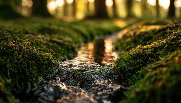 Sunlight filters through trees, illuminating a mossy stream bed