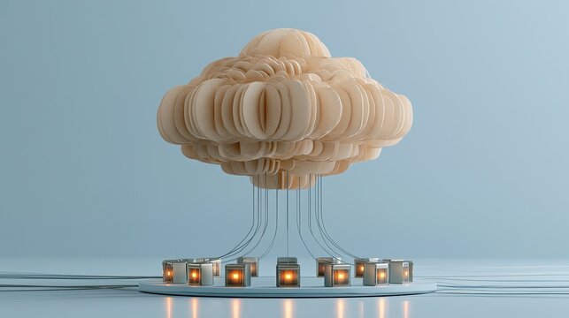Abstract, layered cloud-like structure emitting light from connected glowing nodes