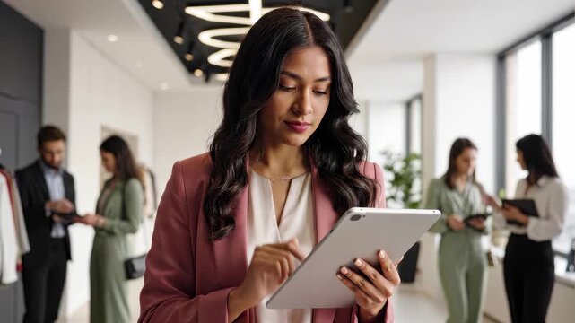 Woman focuses on tablet while team discusses nearby in office. Bright workspace with large windows and minimal decor. Concept of business, teamwork, technology