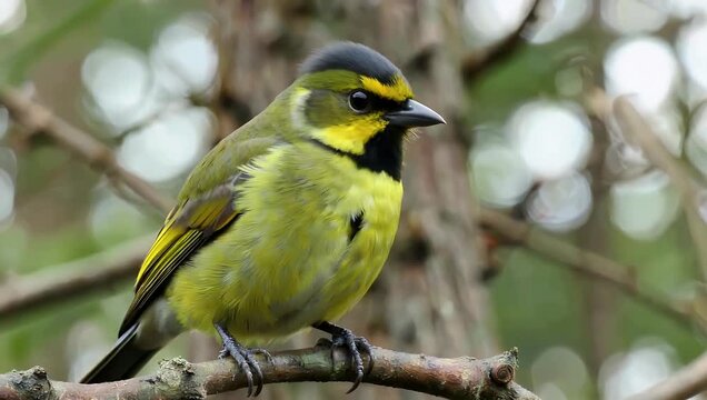 Sharp cinematic 4K close up of a tiny pine warbler bird perched on a pine tree branch curiously looking around and tilting its head with a shallow depth of field