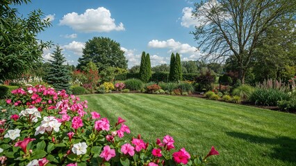 Obraz premium Beautiful home garden in full bloom with vibrant flowers and lush greenery.