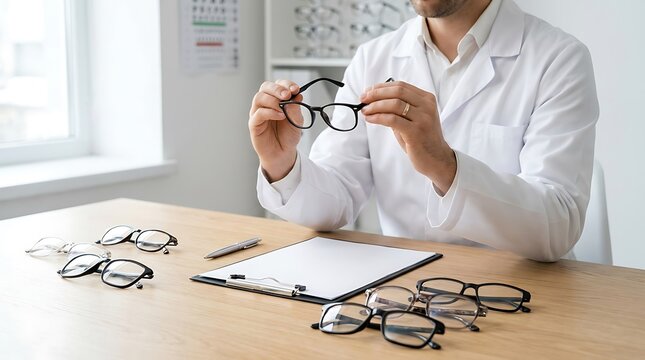 Optometrist adjusting eyeglass frames for precise vision correction. Professional eye care specialist fine-tuning prescription lenses for optimal c...